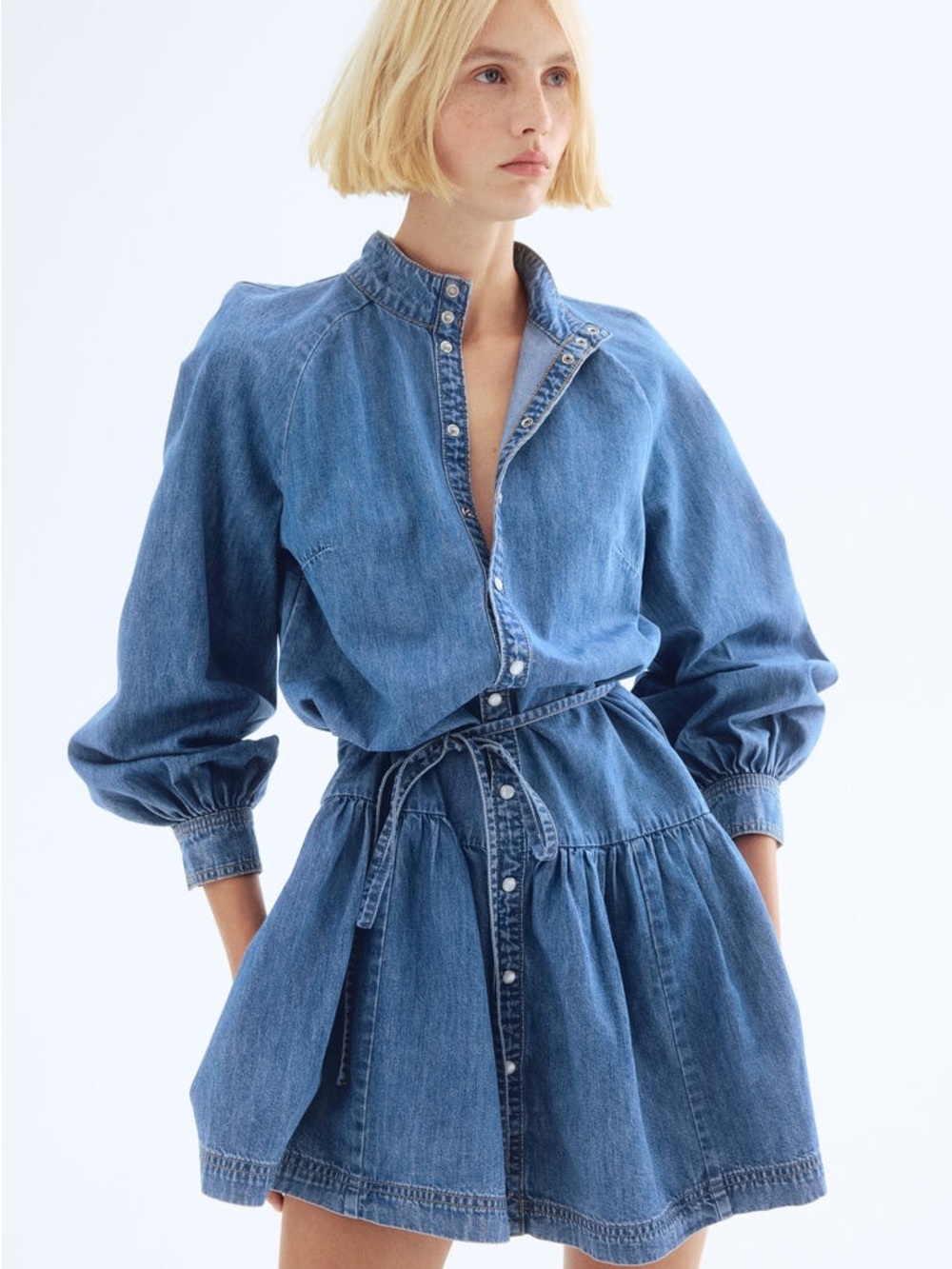 Denim Button-Front Mini Dress with Tie Waist - Blue